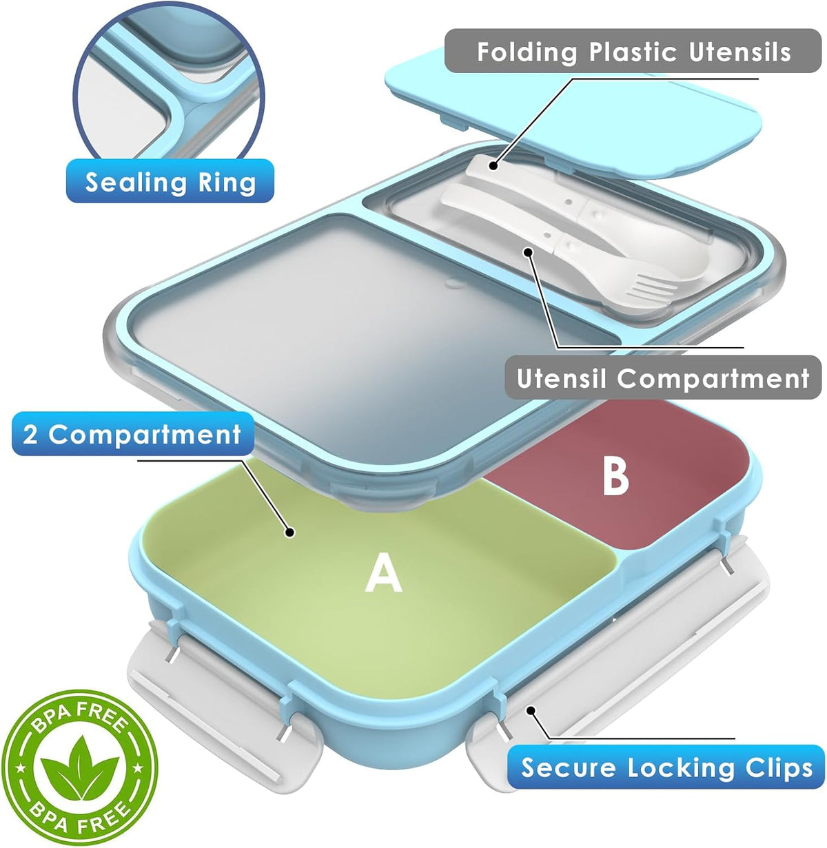 Large Capacity Bento Box for Adult, 1700ML 3 Compartments Lunch Box with Utensil, Airtight Food Container with Lids for Meal Prep, Microwave/Dishwasher/Freezer Safe, On the Go (Dark Blue)