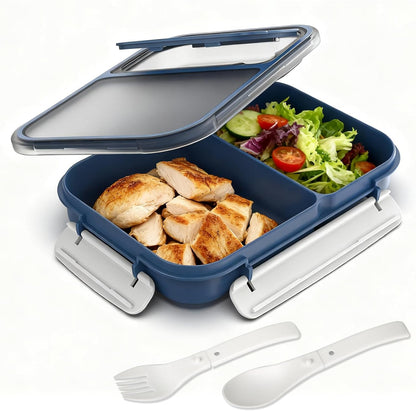 Large Capacity Bento Box for Adult, 1700ML 3 Compartments Lunch Box with Utensil, Airtight Food Container with Lids for Meal Prep, Microwave/Dishwasher/Freezer Safe, On the Go (Dark Blue)