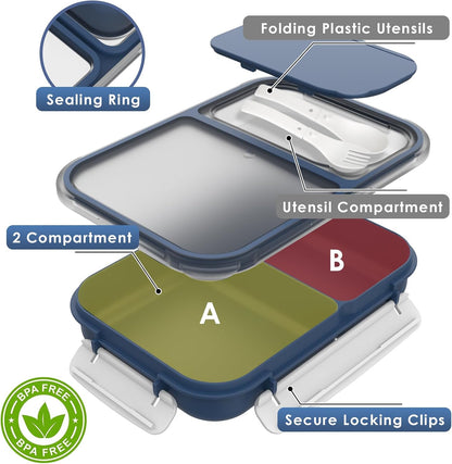 Large Capacity Bento Box for Adult, 1700ML 3 Compartments Lunch Box with Utensil, Airtight Food Container with Lids for Meal Prep, Microwave/Dishwasher/Freezer Safe, On the Go (Dark Blue)