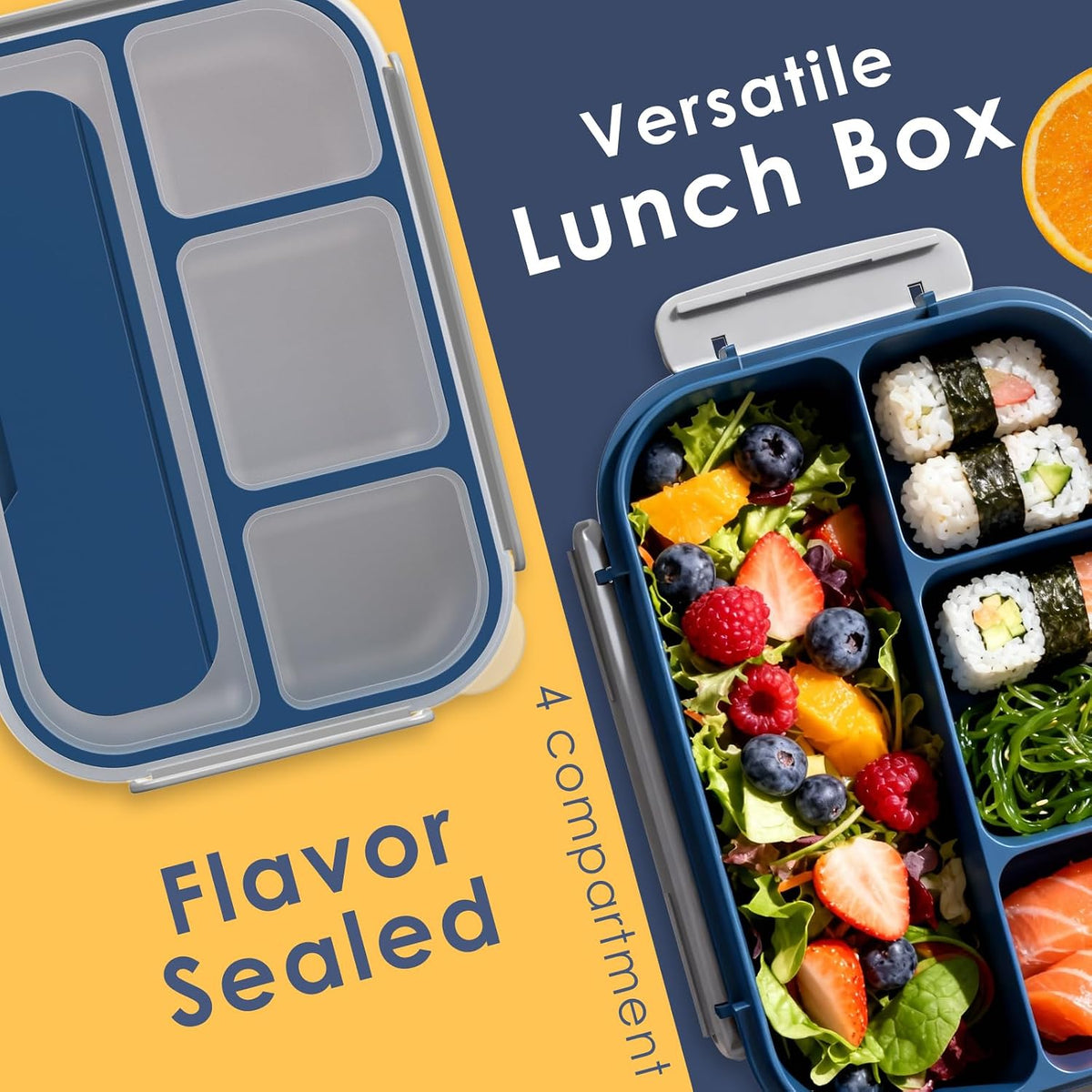 Large Capacity Bento Box for Adult, 1700ML 3 Compartments Lunch Box with Utensil, Airtight Food Container with Lids for Meal Prep, Microwave/Dishwasher/Freezer Safe, On the Go (Dark Blue)