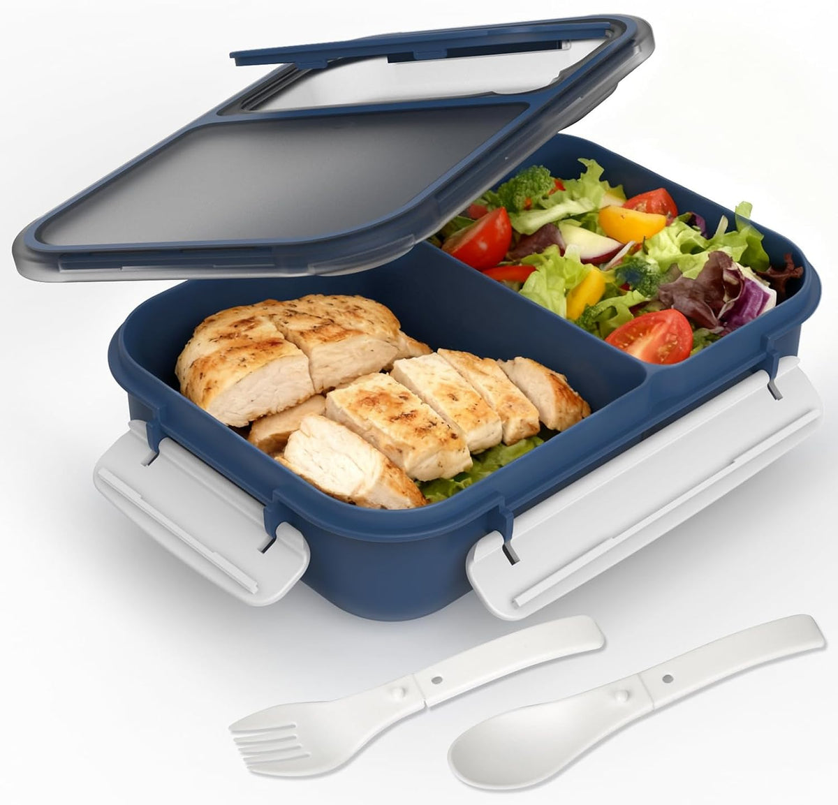 Large Capacity Bento Box for Adult, 1700ML 3 Compartments Lunch Box with Utensil, Airtight Food Container with Lids for Meal Prep, Microwave/Dishwasher/Freezer Safe, On the Go (Dark Blue)