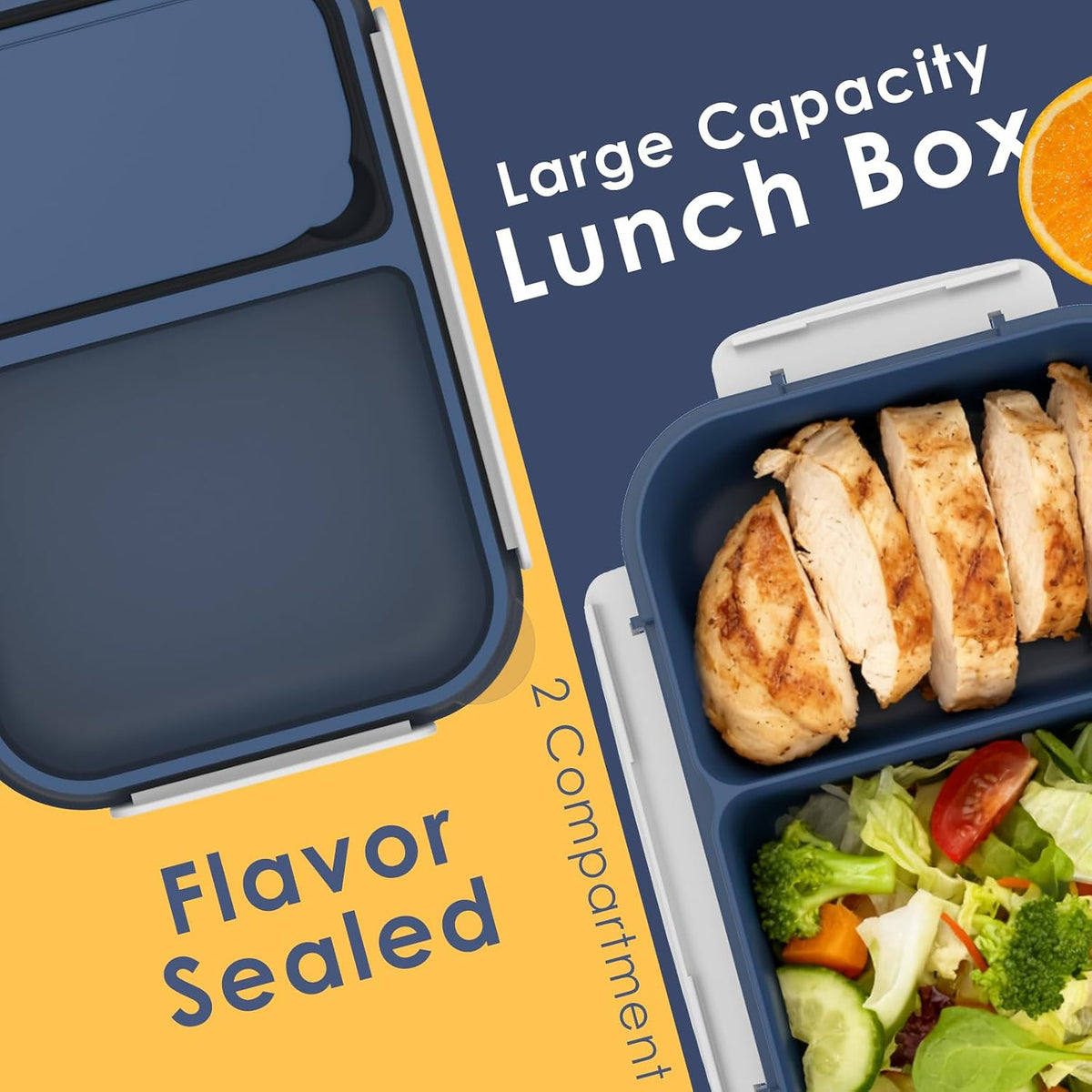 Large Capacity Bento Box for Adult, 1700ML 3 Compartments Lunch Box with Utensil, Airtight Food Container with Lids for Meal Prep, Microwave/Dishwasher/Freezer Safe, On the Go (Dark Blue)
