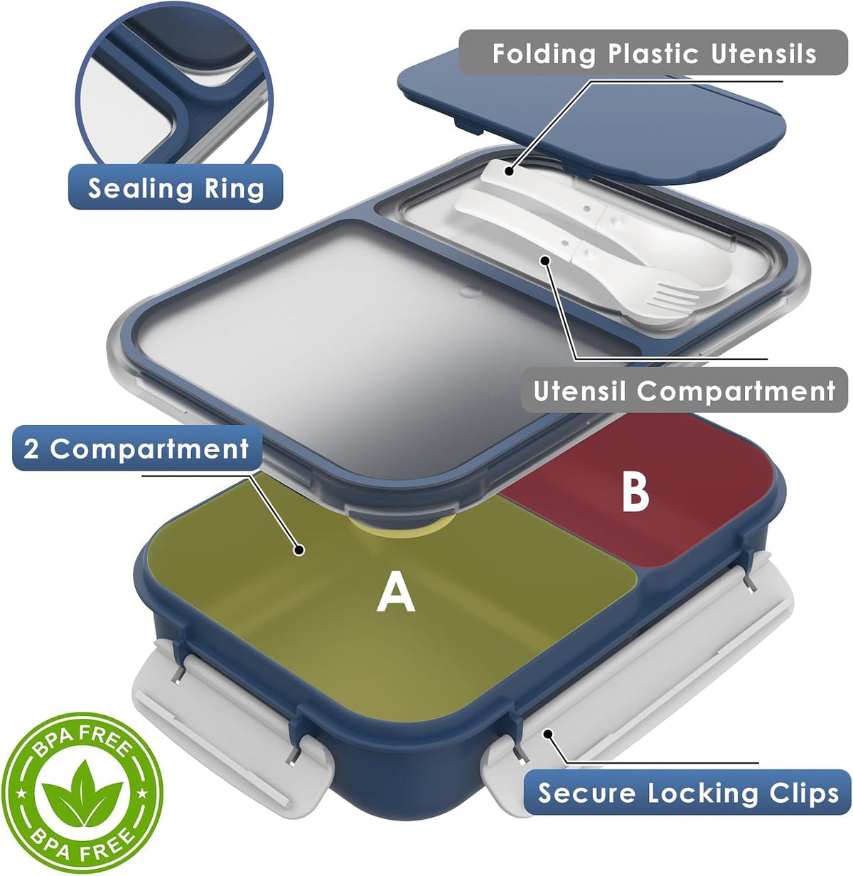 Large Capacity Bento Box for Adult, 1700ML 3 Compartments Lunch Box with Utensil, Airtight Food Container with Lids for Meal Prep, Microwave/Dishwasher/Freezer Safe, On the Go (Dark Blue)