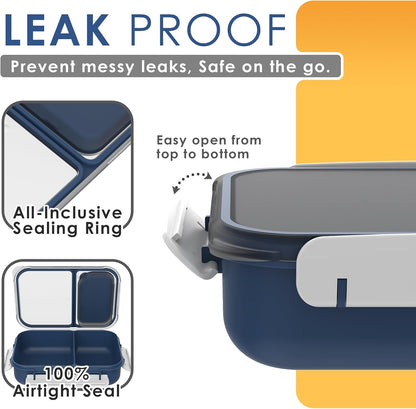 Large Capacity Bento Box for Adult, 1700ML 3 Compartments Lunch Box with Utensil, Airtight Food Container with Lids for Meal Prep, Microwave/Dishwasher/Freezer Safe, On the Go (Dark Blue)