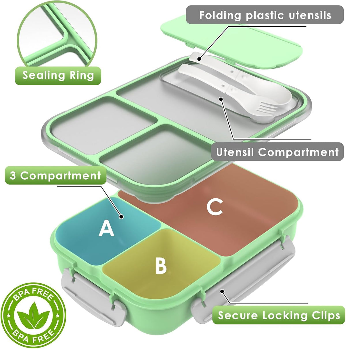 Large Capacity Bento Box for Adult, 1700ML 3 Compartments Lunch Box with Utensil, Airtight Food Container with Lids for Meal Prep, Microwave/Dishwasher/Freezer Safe, On the Go (Dark Blue)