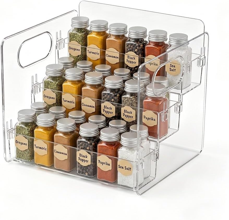 3-Tier Acrylic Spice Rack for Spice, Condiment Jars & Vitamin Bottles | Multipurpose Spice Rack for Cabinets & Countertops, Stores Spice Jars, Baking Goods & Pill Bottles, Clear View Quick Access