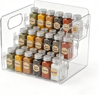 3-Tier Acrylic Spice Rack for Spice, Condiment Jars & Vitamin Bottles | Multipurpose Spice Rack for Cabinets & Countertops, Stores Spice Jars, Baking Goods & Pill Bottles, Clear View Quick Access