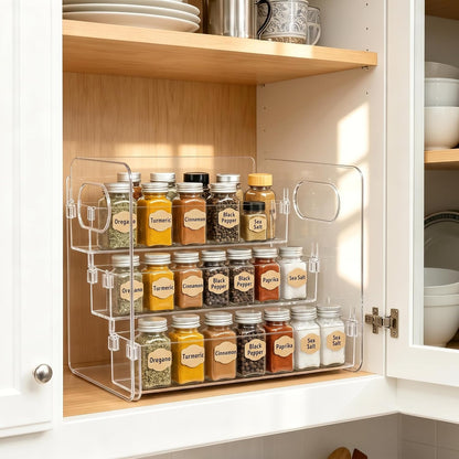 3-Tier Acrylic Spice Rack for Spice, Condiment Jars & Vitamin Bottles | Multipurpose Spice Rack for Cabinets & Countertops, Stores Spice Jars, Baking Goods & Pill Bottles, Clear View Quick Access