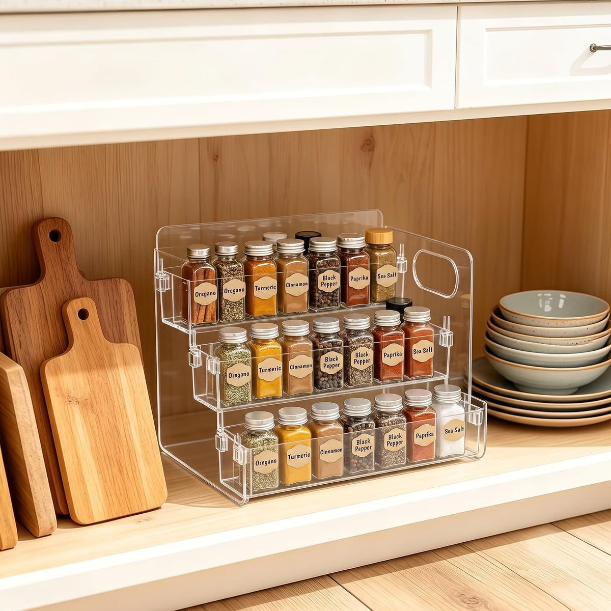 3-Tier Acrylic Spice Rack for Spice, Condiment Jars & Vitamin Bottles | Multipurpose Spice Rack for Cabinets & Countertops, Stores Spice Jars, Baking Goods & Pill Bottles, Clear View Quick Access