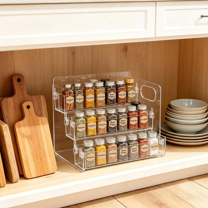 3-Tier Acrylic Spice Rack for Spice, Condiment Jars & Vitamin Bottles | Multipurpose Spice Rack for Cabinets & Countertops, Stores Spice Jars, Baking Goods & Pill Bottles, Clear View Quick Access