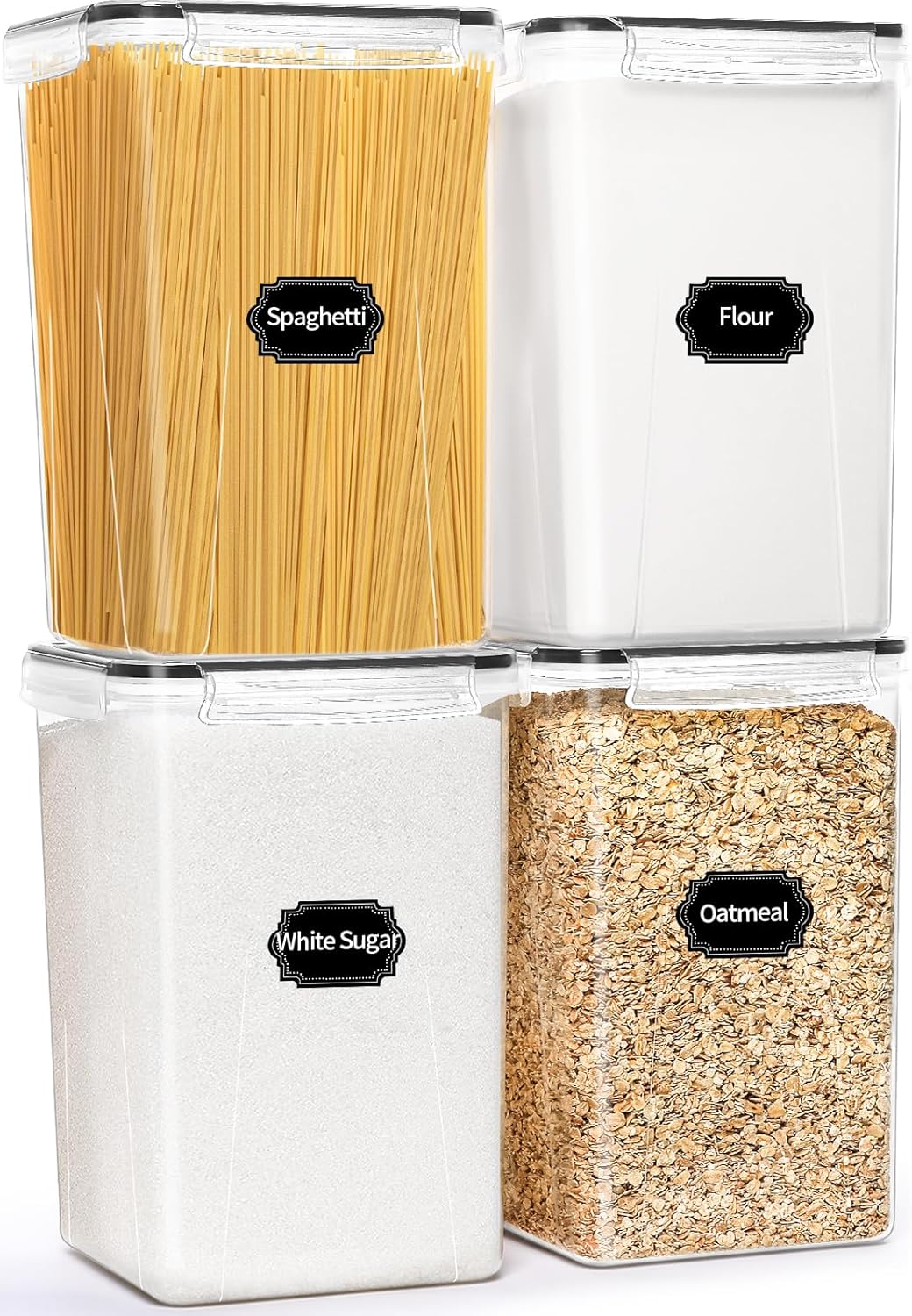 4 Pack Large Airtight Food Storage Containers with Lids (5.2L / 176oz), BPA Free Plastic Kitchen and Pantry Organization Contianers for Cereal Flour and Sugar Storage, Labels & Marker