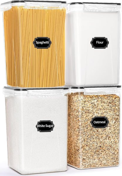 4 Pack Large Airtight Food Storage Containers with Lids (5.2L / 176oz), BPA Free Plastic Kitchen and Pantry Organization Contianers for Cereal Flour and Sugar Storage, Labels & Marker
