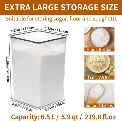 4 Pack Large Airtight Food Storage Containers with Lids (5.2L / 176oz), BPA Free Plastic Kitchen and Pantry Organization Contianers for Cereal Flour and Sugar Storage, Labels & Marker