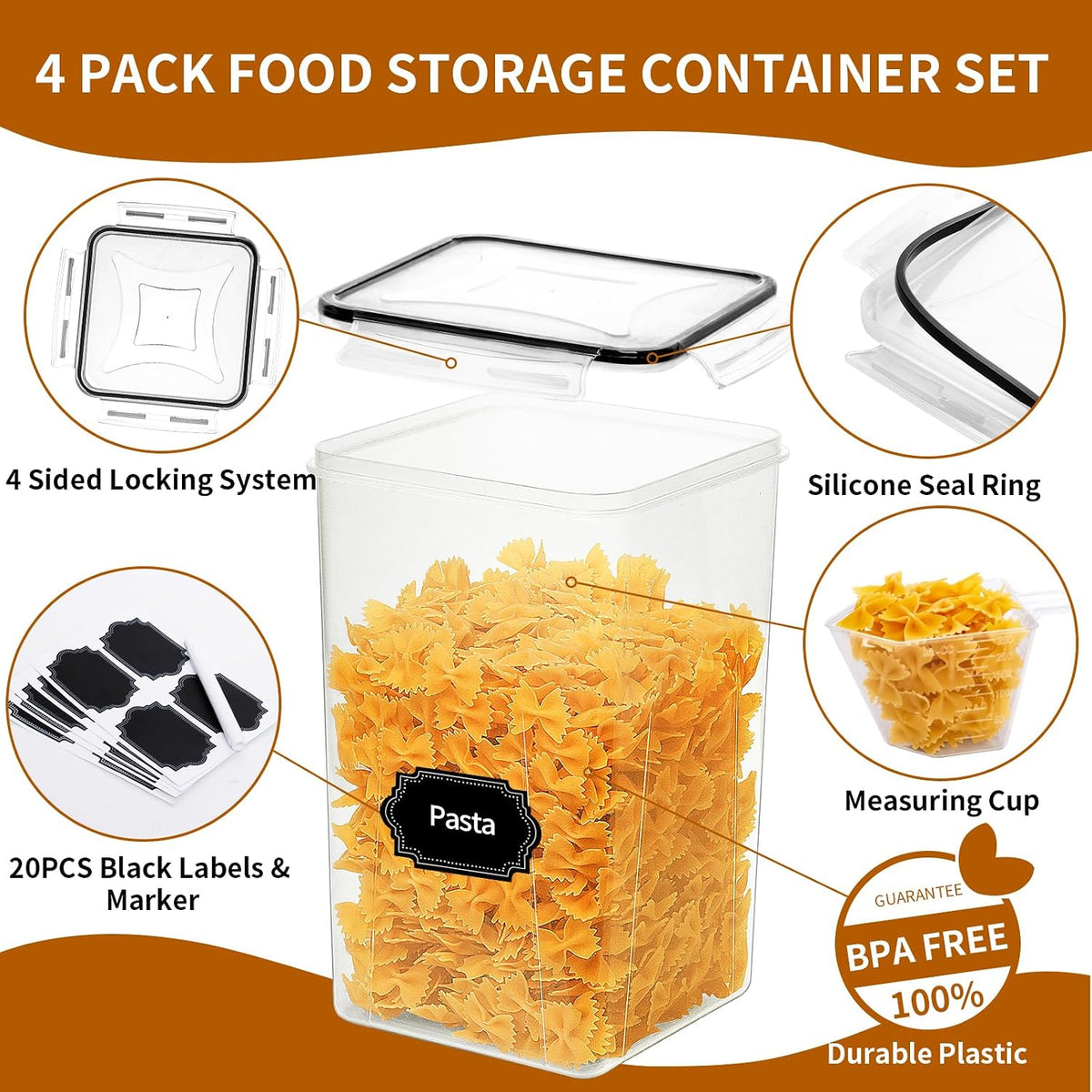 4 Pack Large Airtight Food Storage Containers with Lids (5.2L / 176oz), BPA Free Plastic Kitchen and Pantry Organization Contianers for Cereal Flour and Sugar Storage, Labels & Marker