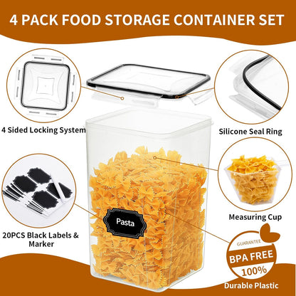 4 Pack Large Airtight Food Storage Containers with Lids (5.2L / 176oz), BPA Free Plastic Kitchen and Pantry Organization Contianers for Cereal Flour and Sugar Storage, Labels & Marker