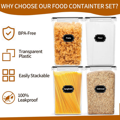 4 Pack Large Airtight Food Storage Containers with Lids (5.2L / 176oz), BPA Free Plastic Kitchen and Pantry Organization Contianers for Cereal Flour and Sugar Storage, Labels & Marker