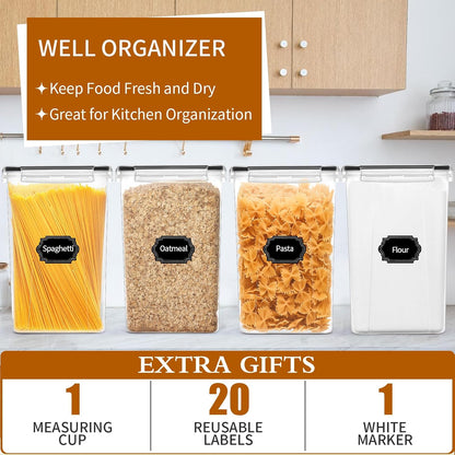 4 Pack Large Airtight Food Storage Containers with Lids (5.2L / 176oz), BPA Free Plastic Kitchen and Pantry Organization Contianers for Cereal Flour and Sugar Storage, Labels & Marker