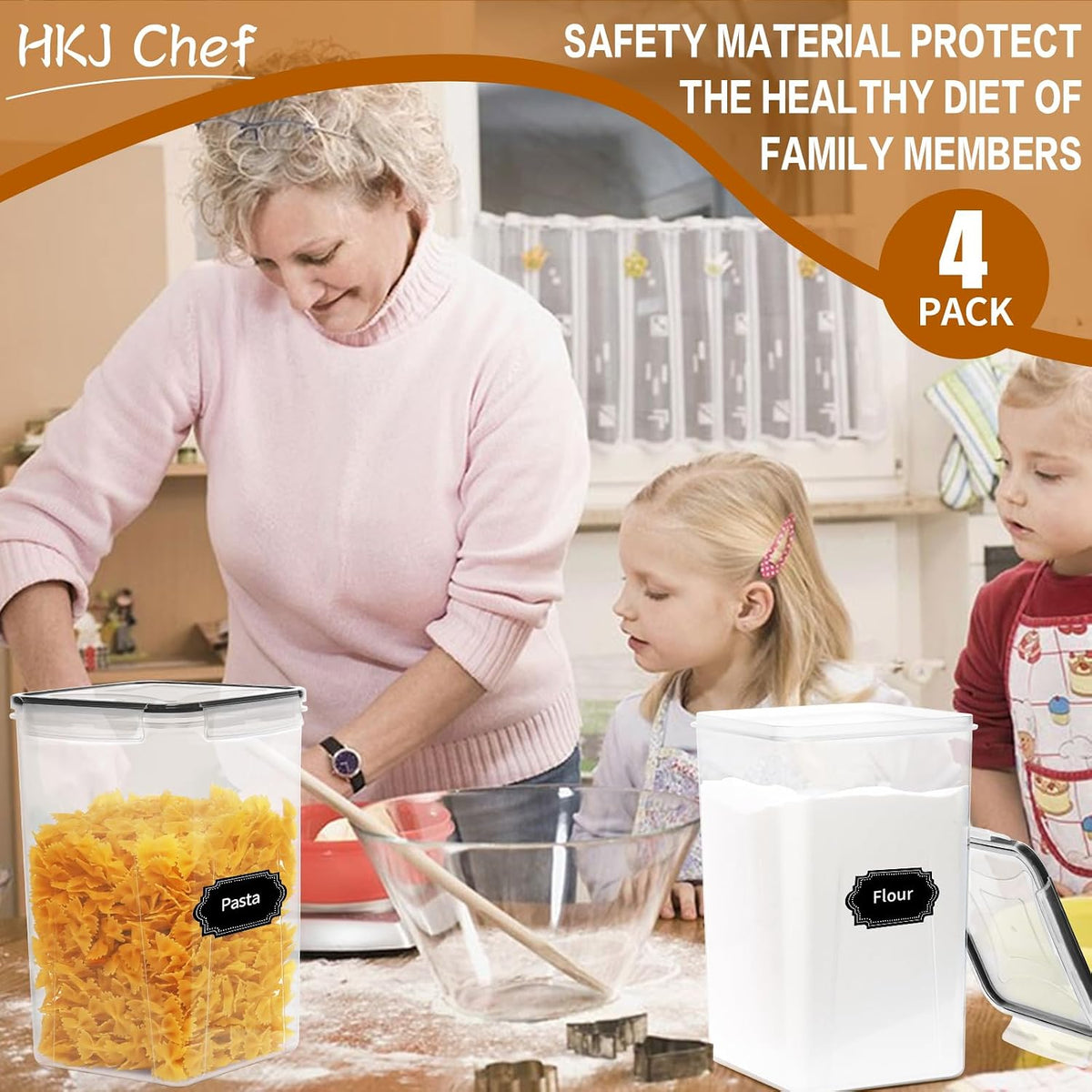 4 Pack Large Airtight Food Storage Containers with Lids (5.2L / 176oz), BPA Free Plastic Kitchen and Pantry Organization Contianers for Cereal Flour and Sugar Storage, Labels & Marker
