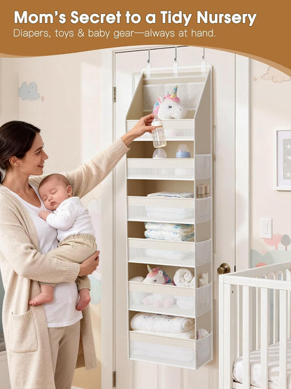 Over the Door Organizer, 6-Shelf Closet Hanging Storage with 13 Mesh Pockets, 55lbs Capacity Behind the Door Storage for Baby Nursery, Bathroom, Bedroom, and Dorm, Beige