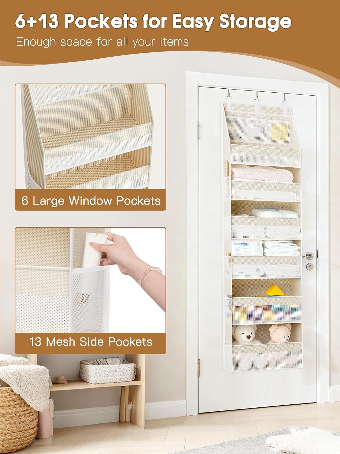 Over the Door Organizer, 6-Shelf Closet Hanging Storage with 13 Mesh Pockets, 55lbs Capacity Behind the Door Storage for Baby Nursery, Bathroom, Bedroom, and Dorm, Beige