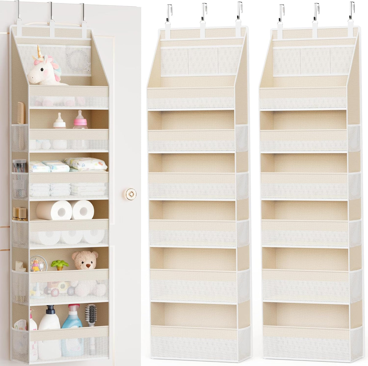 Over the Door Organizer, 6-Shelf Closet Hanging Storage with 13 Mesh Pockets, 55lbs Capacity Behind the Door Storage for Baby Nursery, Bathroom, Bedroom, and Dorm, Beige