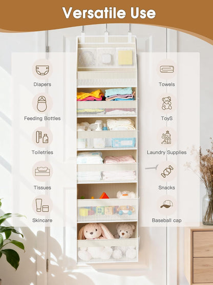 Over the Door Organizer, 6-Shelf Closet Hanging Storage with 13 Mesh Pockets, 55lbs Capacity Behind the Door Storage for Baby Nursery, Bathroom, Bedroom, and Dorm, Beige