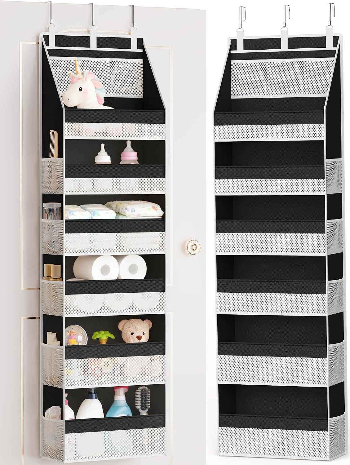 Over the Door Organizer, 6-Shelf Closet Hanging Storage with 13 Mesh Pockets, 55lbs Capacity Behind the Door Storage for Baby Nursery, Bathroom, Bedroom, and Dorm, Beige