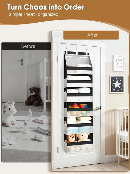 Over the Door Organizer, 6-Shelf Closet Hanging Storage with 13 Mesh Pockets, 55lbs Capacity Behind the Door Storage for Baby Nursery, Bathroom, Bedroom, and Dorm, Beige