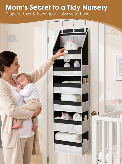 Over the Door Organizer, 6-Shelf Closet Hanging Storage with 13 Mesh Pockets, 55lbs Capacity Behind the Door Storage for Baby Nursery, Bathroom, Bedroom, and Dorm, Beige
