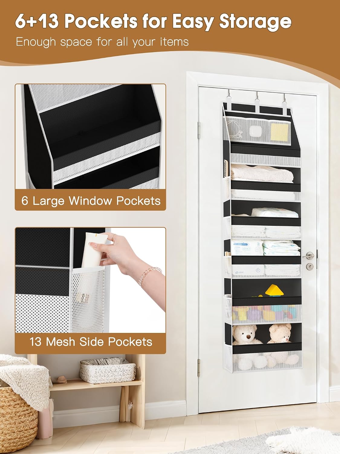 Over the Door Organizer, 6-Shelf Closet Hanging Storage with 13 Mesh Pockets, 55lbs Capacity Behind the Door Storage for Baby Nursery, Bathroom, Bedroom, and Dorm, Beige