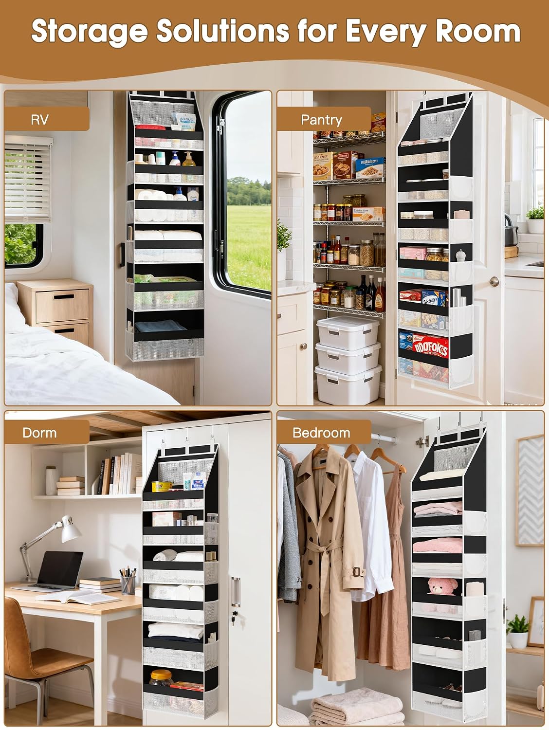 Over the Door Organizer, 6-Shelf Closet Hanging Storage with 13 Mesh Pockets, 55lbs Capacity Behind the Door Storage for Baby Nursery, Bathroom, Bedroom, and Dorm, Beige