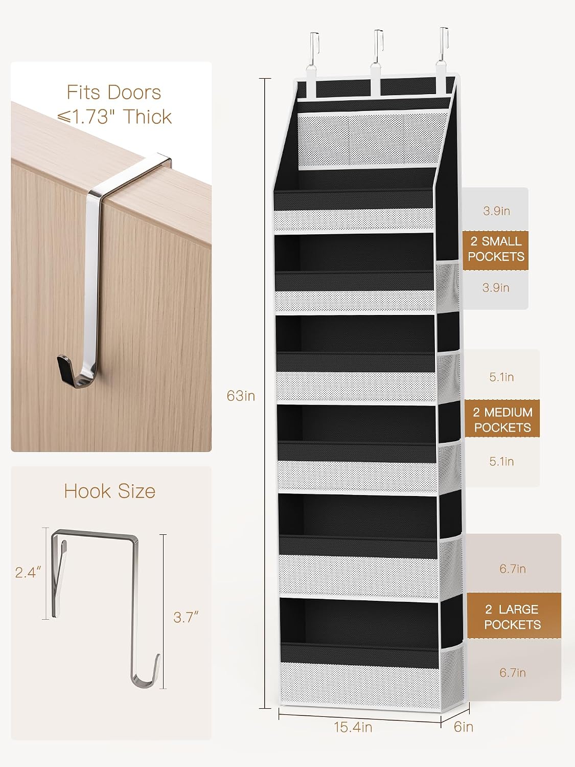 Over the Door Organizer, 6-Shelf Closet Hanging Storage with 13 Mesh Pockets, 55lbs Capacity Behind the Door Storage for Baby Nursery, Bathroom, Bedroom, and Dorm, Beige