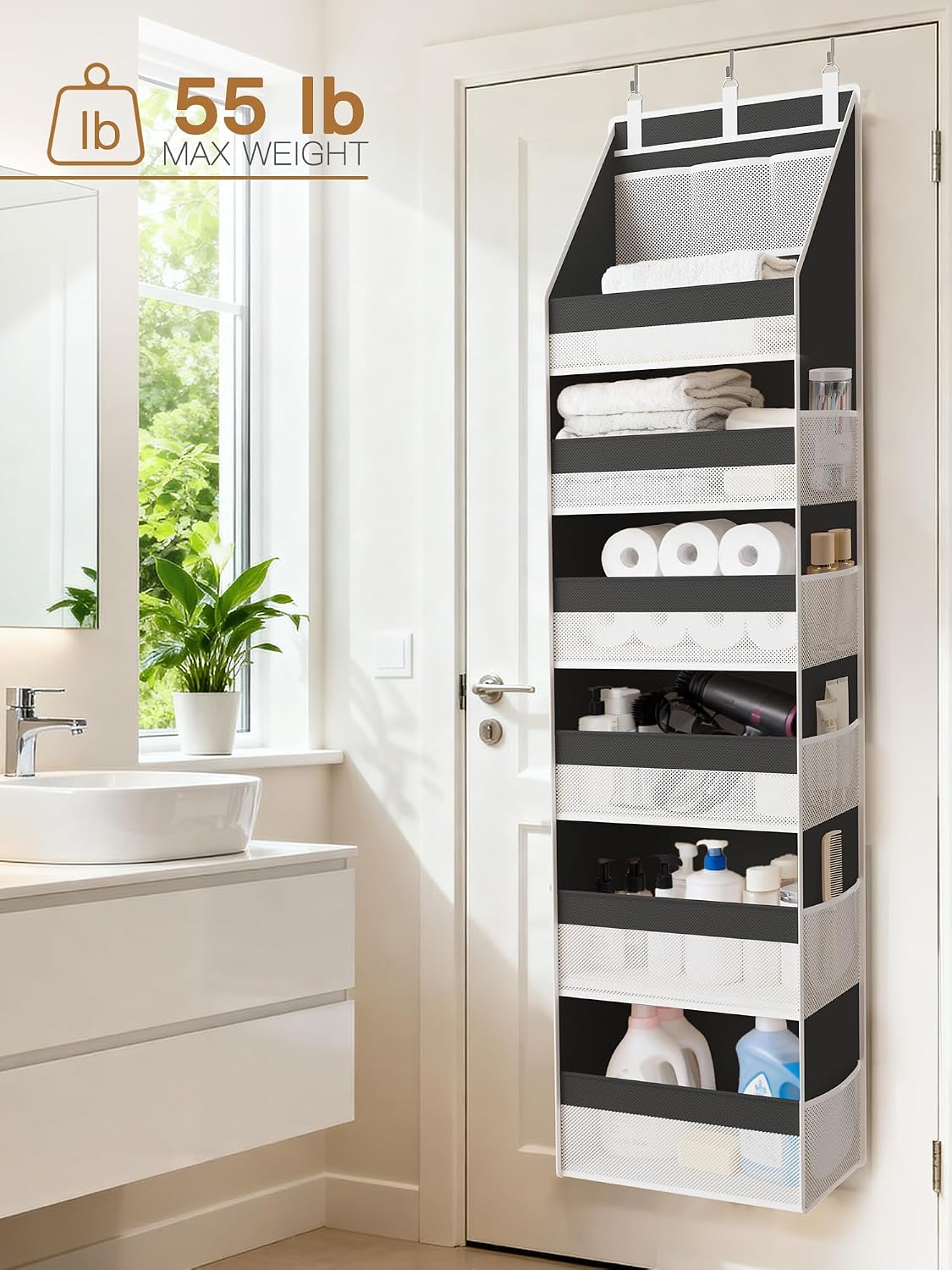 Over the Door Organizer, 6-Shelf Closet Hanging Storage with 13 Mesh Pockets, 55lbs Capacity Behind the Door Storage for Baby Nursery, Bathroom, Bedroom, and Dorm, Beige