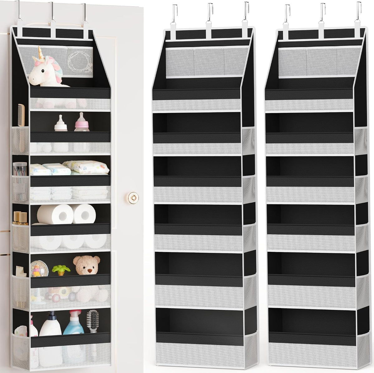 Over the Door Organizer, 6-Shelf Closet Hanging Storage with 13 Mesh Pockets, 55lbs Capacity Behind the Door Storage for Baby Nursery, Bathroom, Bedroom, and Dorm, Beige