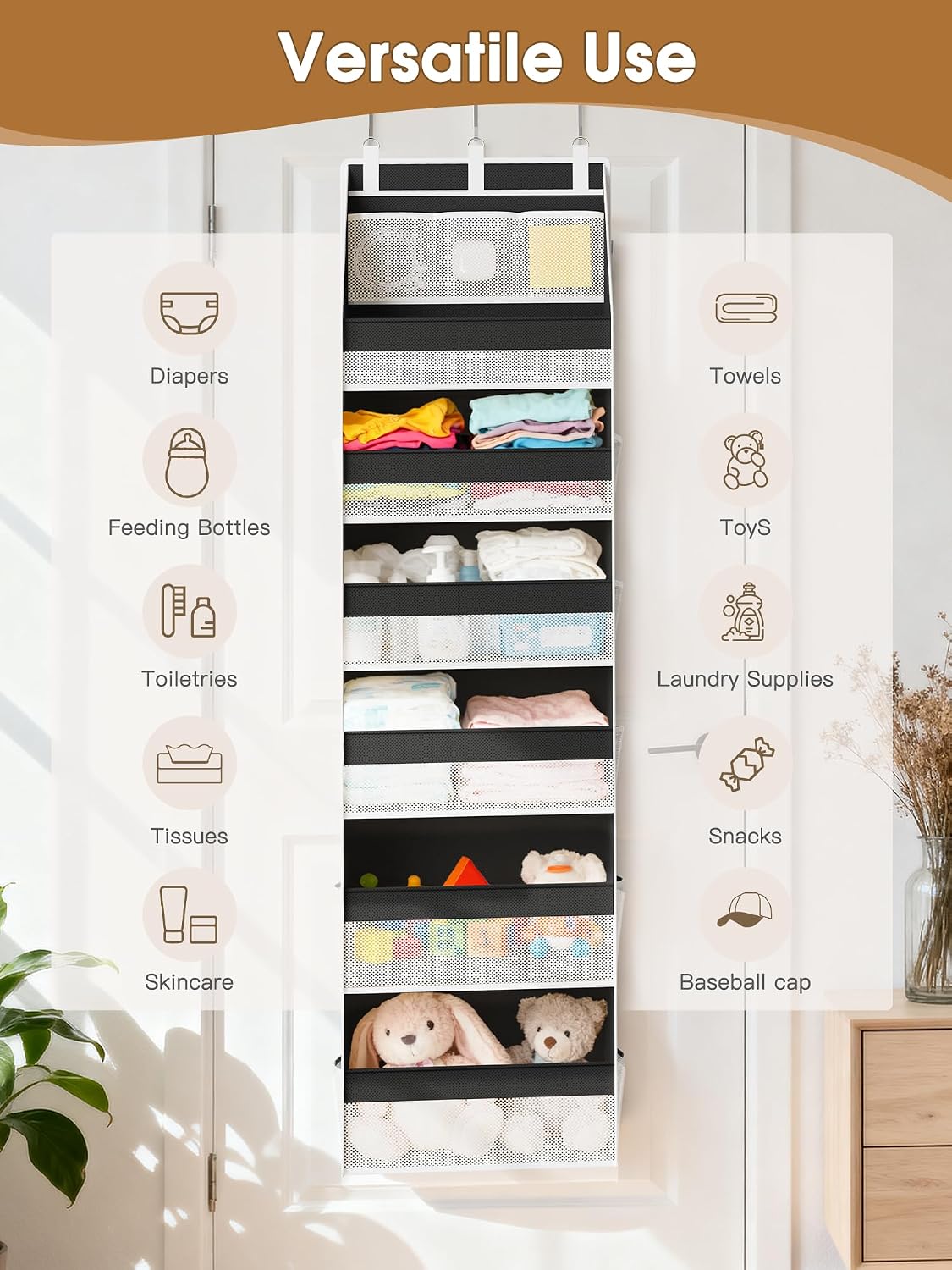 Over the Door Organizer, 6-Shelf Closet Hanging Storage with 13 Mesh Pockets, 55lbs Capacity Behind the Door Storage for Baby Nursery, Bathroom, Bedroom, and Dorm, Beige
