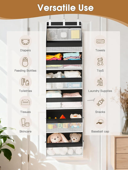 Over the Door Organizer, 6-Shelf Closet Hanging Storage with 13 Mesh Pockets, 55lbs Capacity Behind the Door Storage for Baby Nursery, Bathroom, Bedroom, and Dorm, Beige