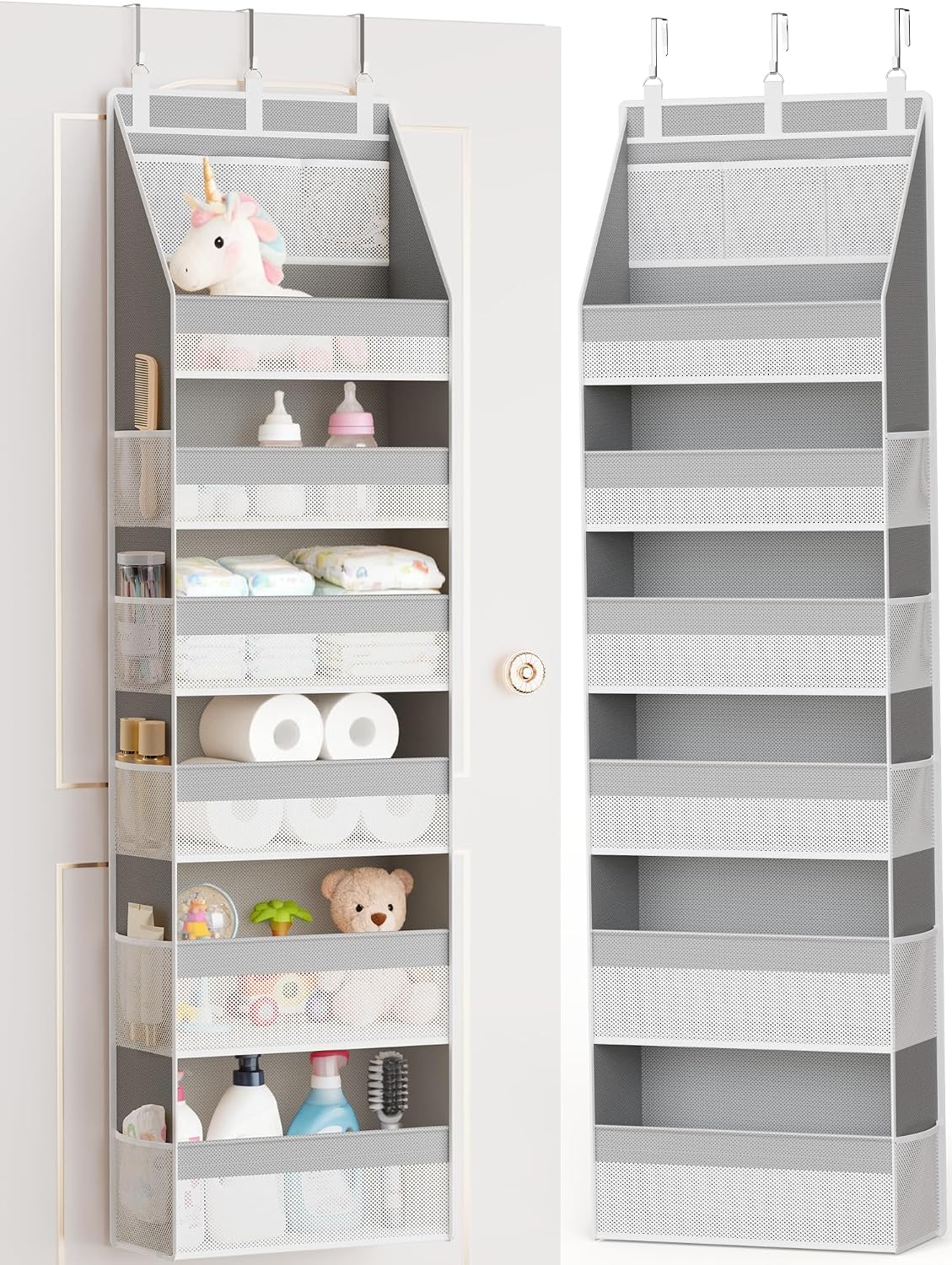 Over the Door Organizer, 6-Shelf Closet Hanging Storage with 13 Mesh Pockets, 55lbs Capacity Behind the Door Storage for Baby Nursery, Bathroom, Bedroom, and Dorm, Beige