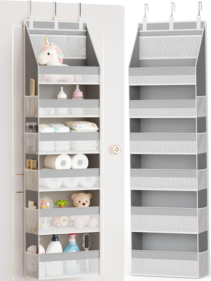 Over the Door Organizer, 6-Shelf Closet Hanging Storage with 13 Mesh Pockets, 55lbs Capacity Behind the Door Storage for Baby Nursery, Bathroom, Bedroom, and Dorm, Beige