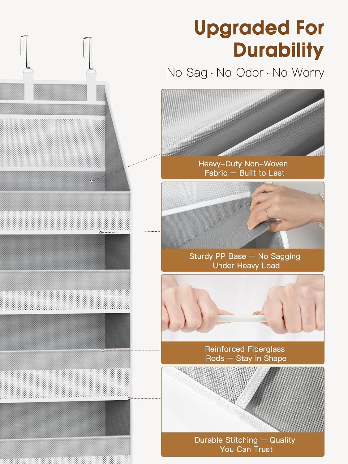 Over the Door Organizer, 6-Shelf Closet Hanging Storage with 13 Mesh Pockets, 55lbs Capacity Behind the Door Storage for Baby Nursery, Bathroom, Bedroom, and Dorm, Beige