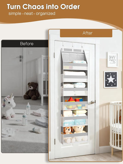 Over the Door Organizer, 6-Shelf Closet Hanging Storage with 13 Mesh Pockets, 55lbs Capacity Behind the Door Storage for Baby Nursery, Bathroom, Bedroom, and Dorm, Beige