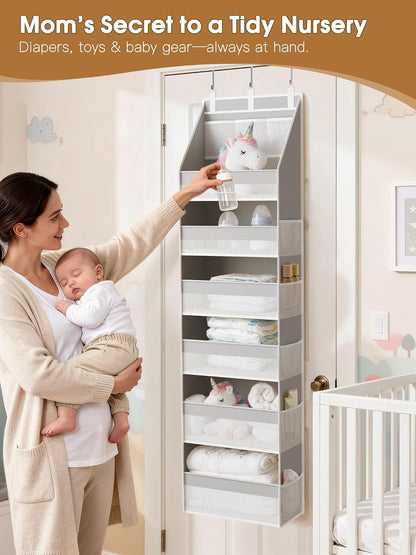 Over the Door Organizer, 6-Shelf Closet Hanging Storage with 13 Mesh Pockets, 55lbs Capacity Behind the Door Storage for Baby Nursery, Bathroom, Bedroom, and Dorm, Beige
