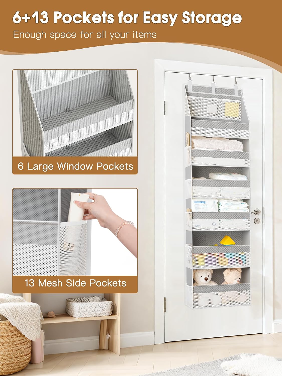 Over the Door Organizer, 6-Shelf Closet Hanging Storage with 13 Mesh Pockets, 55lbs Capacity Behind the Door Storage for Baby Nursery, Bathroom, Bedroom, and Dorm, Beige