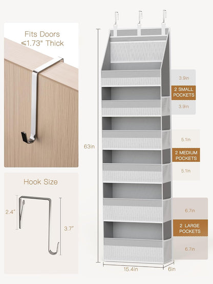 Over the Door Organizer, 6-Shelf Closet Hanging Storage with 13 Mesh Pockets, 55lbs Capacity Behind the Door Storage for Baby Nursery, Bathroom, Bedroom, and Dorm, Beige