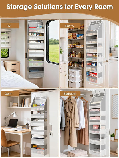Over the Door Organizer, 6-Shelf Closet Hanging Storage with 13 Mesh Pockets, 55lbs Capacity Behind the Door Storage for Baby Nursery, Bathroom, Bedroom, and Dorm, Beige