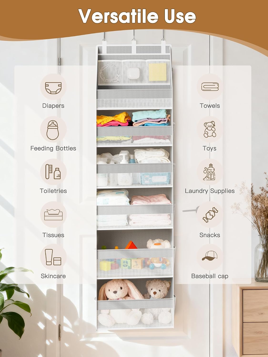 Over the Door Organizer, 6-Shelf Closet Hanging Storage with 13 Mesh Pockets, 55lbs Capacity Behind the Door Storage for Baby Nursery, Bathroom, Bedroom, and Dorm, Beige
