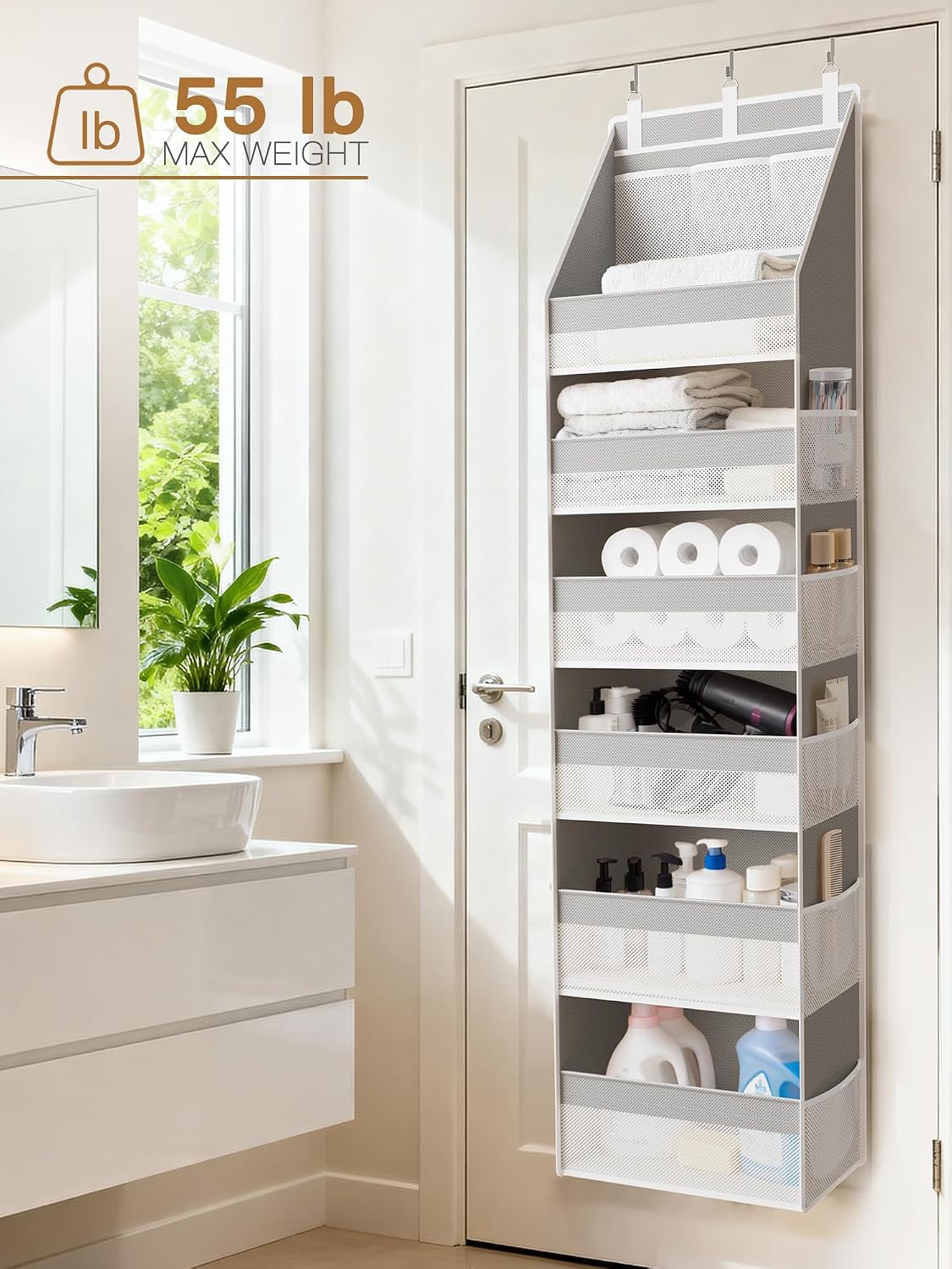Over the Door Organizer, 6-Shelf Closet Hanging Storage with 13 Mesh Pockets, 55lbs Capacity Behind the Door Storage for Baby Nursery, Bathroom, Bedroom, and Dorm, Beige