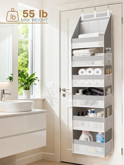 Over the Door Organizer, 6-Shelf Closet Hanging Storage with 13 Mesh Pockets, 55lbs Capacity Behind the Door Storage for Baby Nursery, Bathroom, Bedroom, and Dorm, Beige