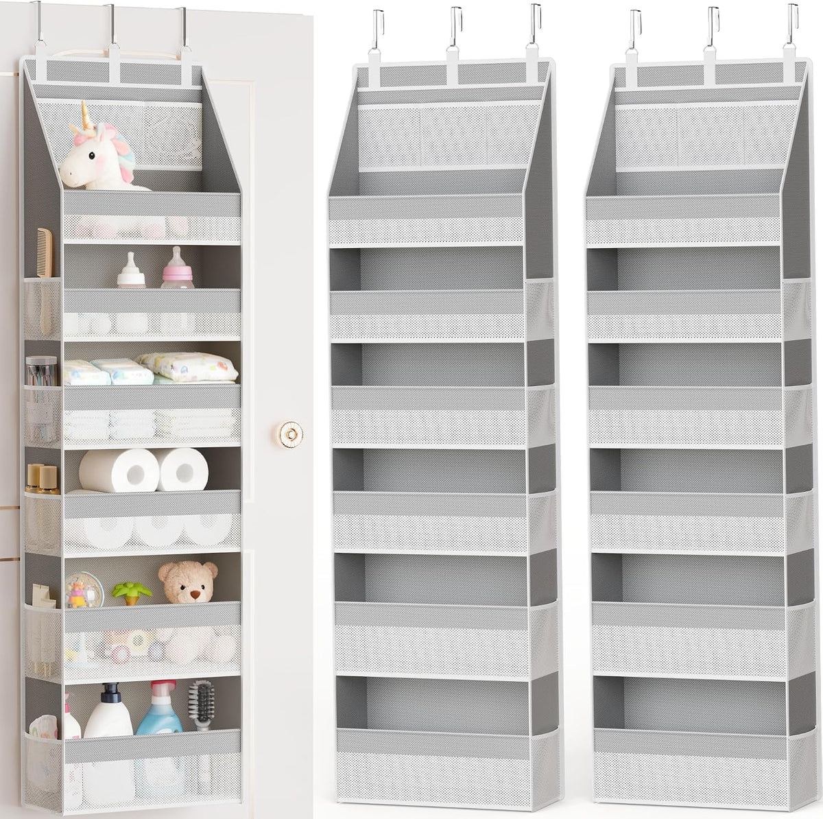 Over the Door Organizer, 6-Shelf Closet Hanging Storage with 13 Mesh Pockets, 55lbs Capacity Behind the Door Storage for Baby Nursery, Bathroom, Bedroom, and Dorm, Beige
