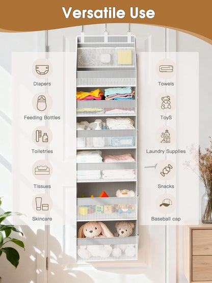 Over the Door Organizer, 6-Shelf Closet Hanging Storage with 13 Mesh Pockets, 55lbs Capacity Behind the Door Storage for Baby Nursery, Bathroom, Bedroom, and Dorm, Beige