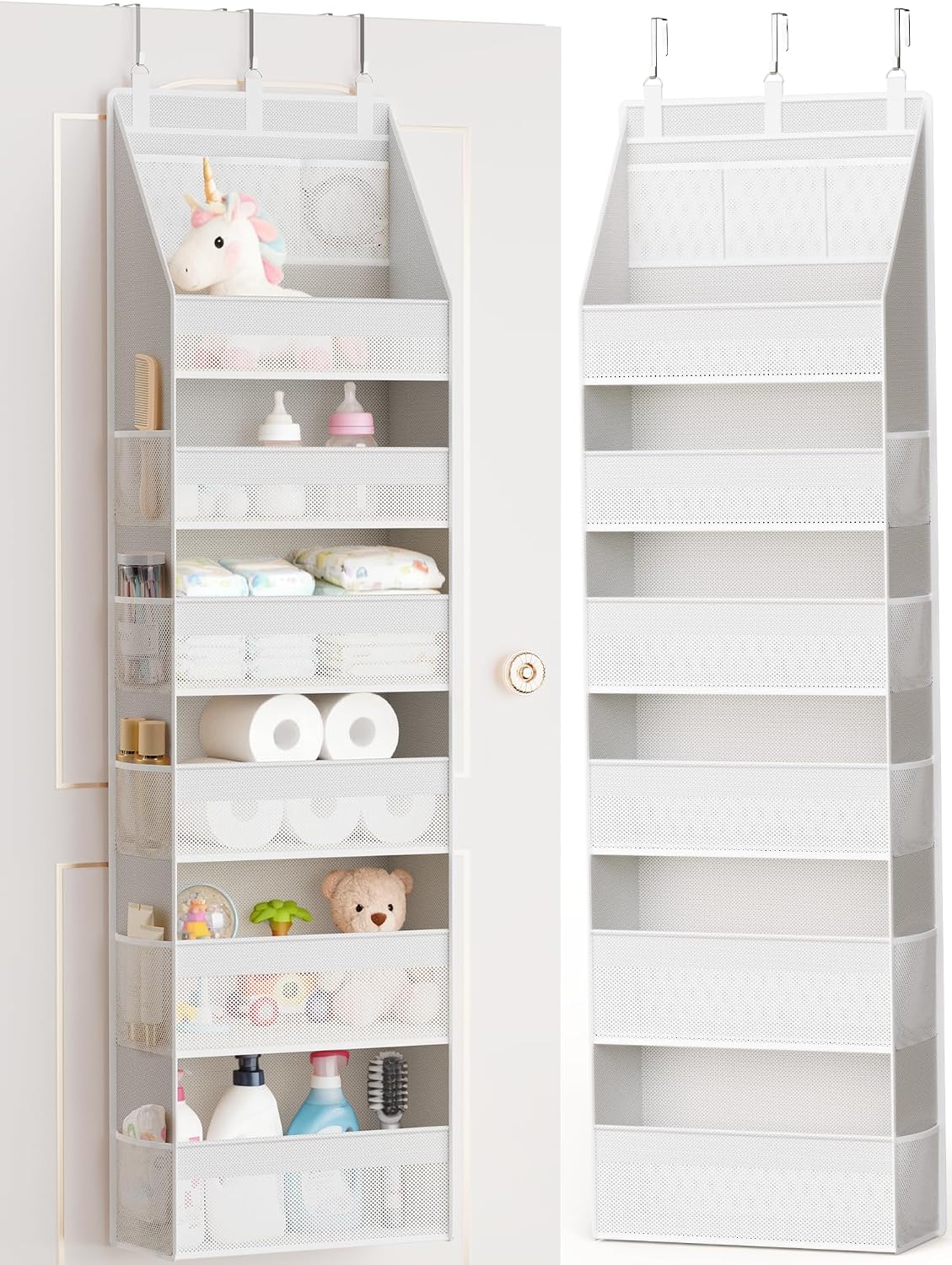 Over the Door Organizer, 6-Shelf Closet Hanging Storage with 13 Mesh Pockets, 55lbs Capacity Behind the Door Storage for Baby Nursery, Bathroom, Bedroom, and Dorm, Beige